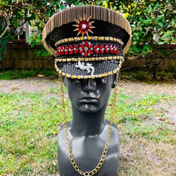 Steampunk Black Captain Hat&Golden Chain - Picture 1 of 5